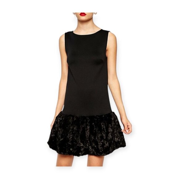 ASOS Black dress with Faux fur trim at the hem line,  size 2 - Picture 1 of 14